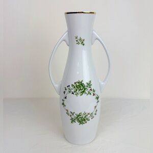 Hollohaza Hungary Erika Green Floral Handled Porcelain Vase